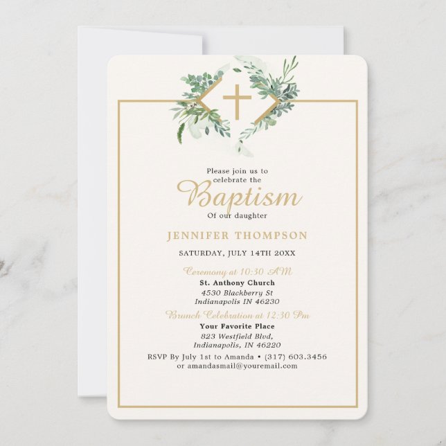 Elegant Eucalyptus Greenery Guld Baptism Inbjudningar (Framsida)
