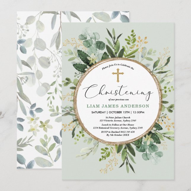 Elegant Eucalyptus Greenery Guld Christine Inbjudningar (Fram/baksida)