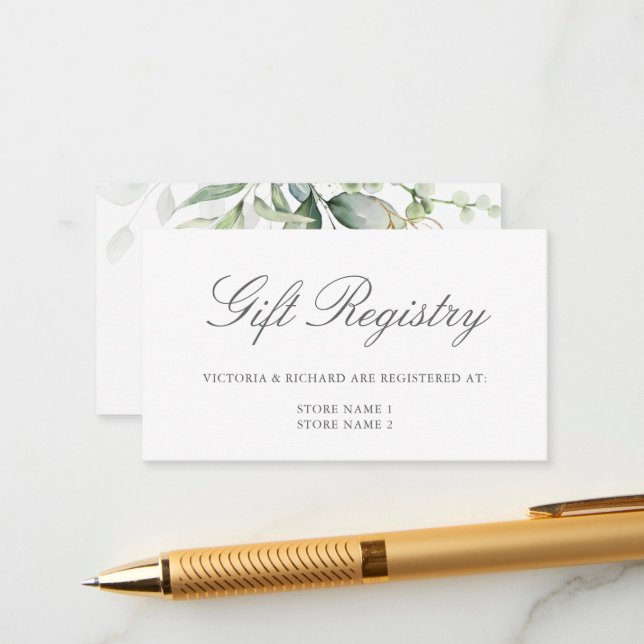 Elegant Eucalyptus Greenery Guld Gift Registry Tilläggskort (Fram/Back In Situ)