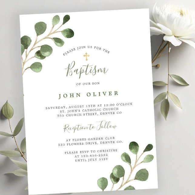 Elegant eucalyptus greenery guld kor Baptism Inbjudningar (Skapare uppladdad)