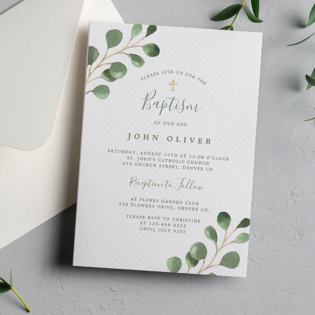Elegant eucalyptus greenery guld kor Baptism Inbjudningar (Skapare uppladdad)