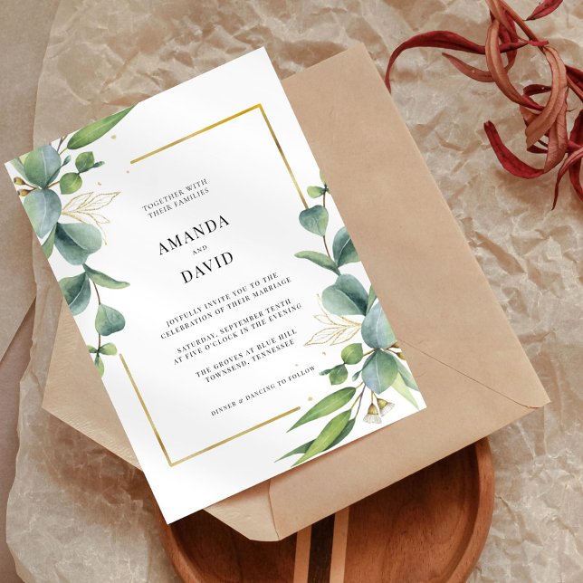 Elegant Eucalyptus Greenery Guld Ram Bröllop Inbjudningar (Skapare uppladdad)