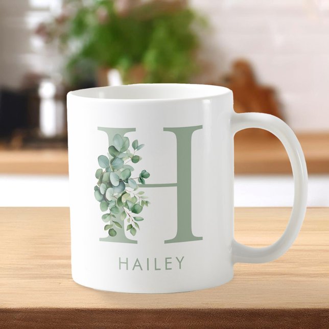 Elegant Eucalyptus Greenery Initial Namn Monogram Kaffemugg (Skapare uppladdad)