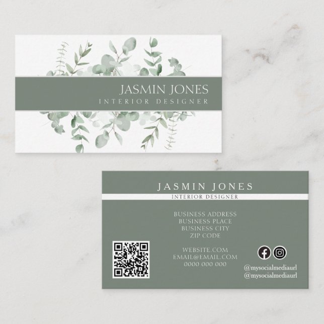 Elegant Eucalyptus Greenery Interior Designer Visitkort (Fram/baksida)