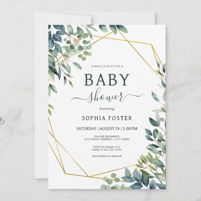 Elegant eucalyptus greenery löv Baby Shower Inbjudningar (Framsida)