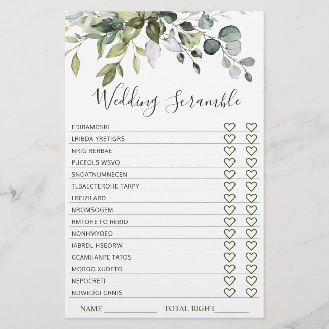 Elegant Eucalyptus Greenery Möhippa Game (Framsida)