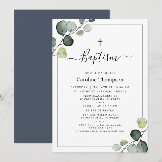 Elegant Eucalyptus Greenery Navy Baptism Inbjudningar (Fram/baksida)