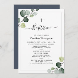 Elegant Eucalyptus Greenery Navy Baptism Inbjudningar