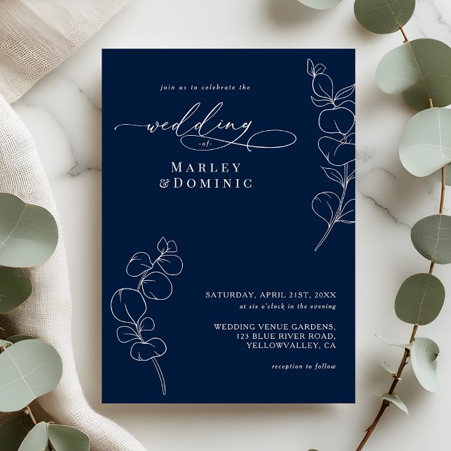 Elegant Eucalyptus Greenery Navy Blue Wedding Inbjudningar (Skapare uppladdad)