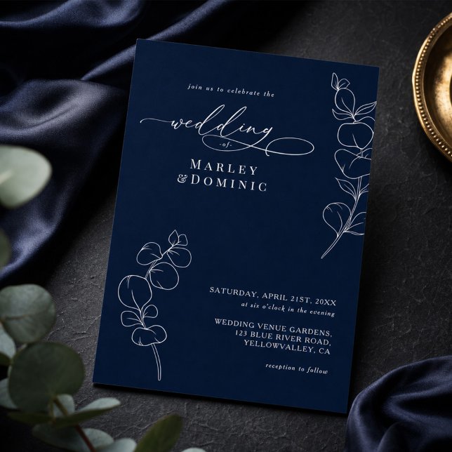 Elegant Eucalyptus Greenery Navy Blue Wedding Inbjudningar (Skapare uppladdad)