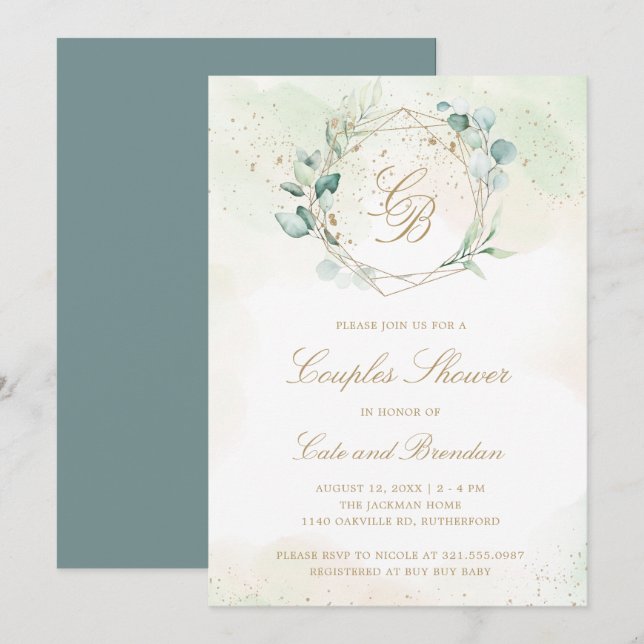 Elegant Eucalyptus Greenery Par Baby Shower Inbjudningar (Fram/baksida)