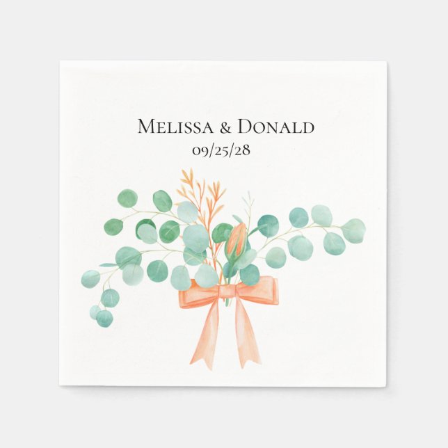 Elegant Eucalyptus Greenery Peach Blommigt Bröllop Pappersservett (Framsidan)