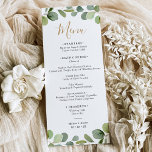 Elegant Eucalyptus Greenery Ram Bröllop Meny<br><div class="desc">Det här anpassadet Menu är designat att samordna med vår samling av blandat grönt bröllop och har vattenfärgsgrönt löv med guld och svart text och guld ram på baksidan. Om du vill göra avancerade ändringar går du till alternativet "Klicka för att anpassa ytterligare" under Anpassa den här mallen.</div>