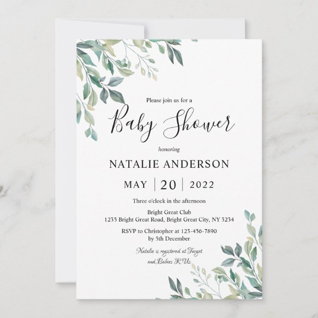 Elegant Eucalyptus Greenery Rustic Baby Shower Inbjudningar (Framsida)