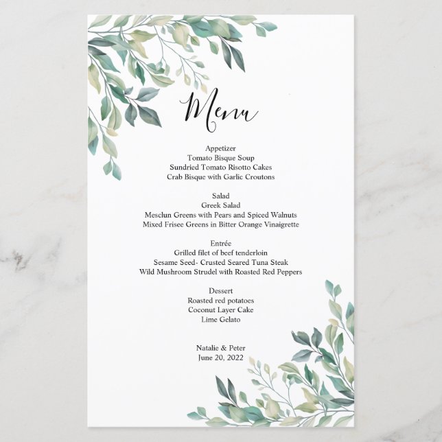 Elegant Eucalyptus Greenery Rustic Bröllop Menu (Framsida)
