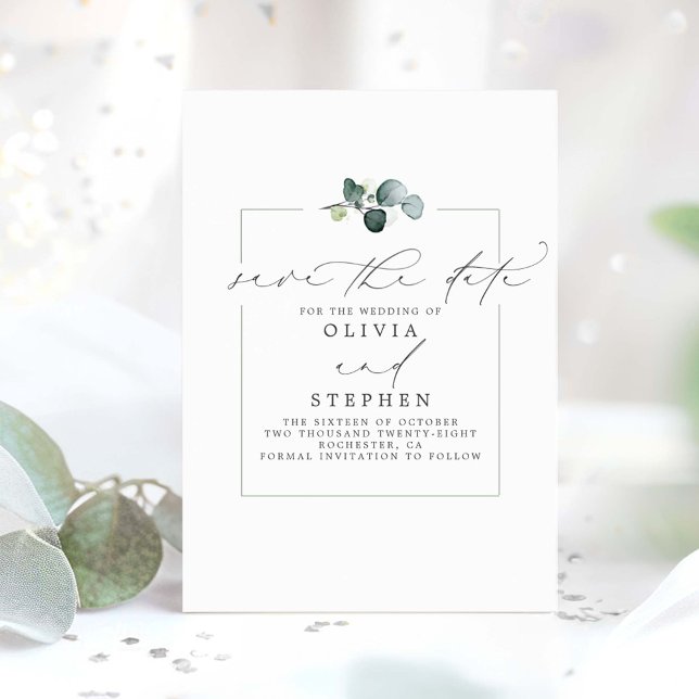 Elegant Eucalyptus Greenery Save Date Meddelande (Minimalist Save the Date Card)