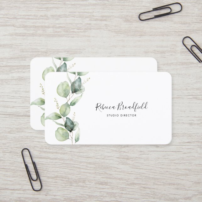 Elegant Eucalyptus Greenery Script Beauty Salon Visitkort (Fram/Back In Situ)