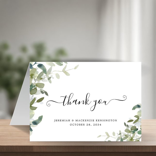 Elegant Eucalyptus Greenery Script Bröllop Tack Kort (Elegant Eucalyptus Greenery Script Wedding Thank You Card)