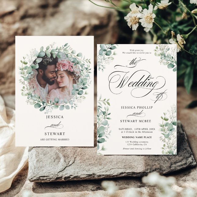 Elegant Eucalyptus Greenery Script-foto Bröllop Inbjudningar (Elegant Eucalyptus Greenery Script photo Wedding Invitation)
