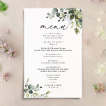 Elegant Eucalyptus Greenery Simple Bröllop Menu<br><div class="desc">Den här anpassadet Menu-mallen är designad att samordna med vår samling Boho Grey bröllop och innehåller blandade vattenfärgsgröna löv parade med en klassserif i svart,  med ett monogram på baksidan. Matchande objekt finns: https://bit.ly/3a3h3fv</div>