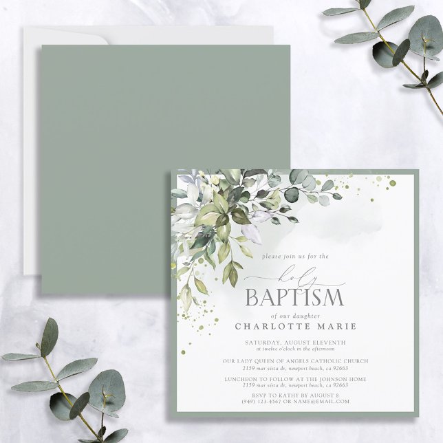 Elegant Eucalyptus Greenery Watercolor Baptism Inbjudningar (Skapare uppladdad)