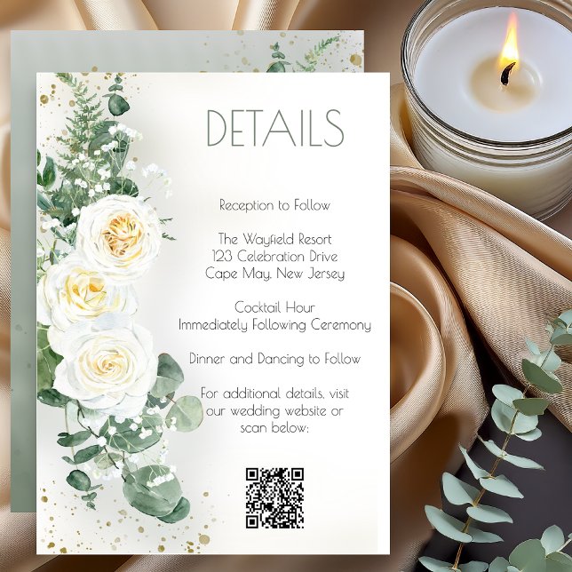 Elegant Eucalyptus Greenery Wedding Details Card Inbjudningar (Elegant eucalyptus greenery wedding details card with white roses and botanical design)