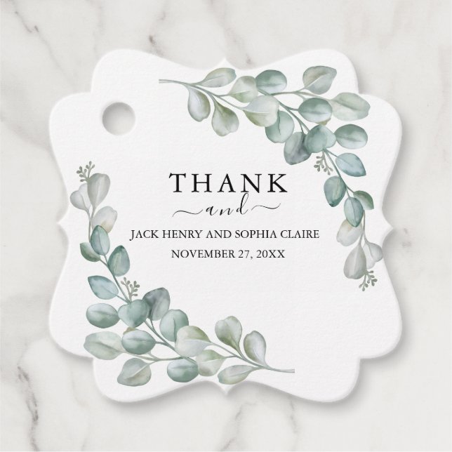 Elegant Eucalyptus Greenery Wedding Gåvor Etiketter (Framsida)