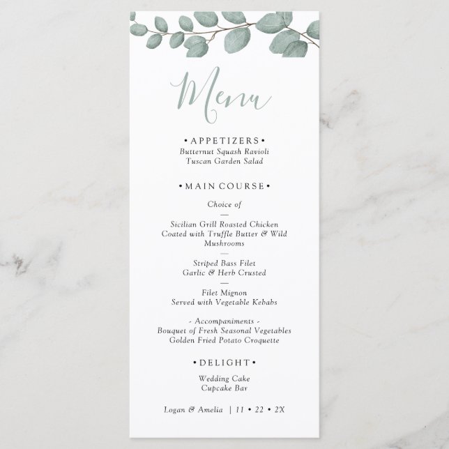 Elegant Eucalyptus Greenery Wedding Menu Card Meny (Framsida)