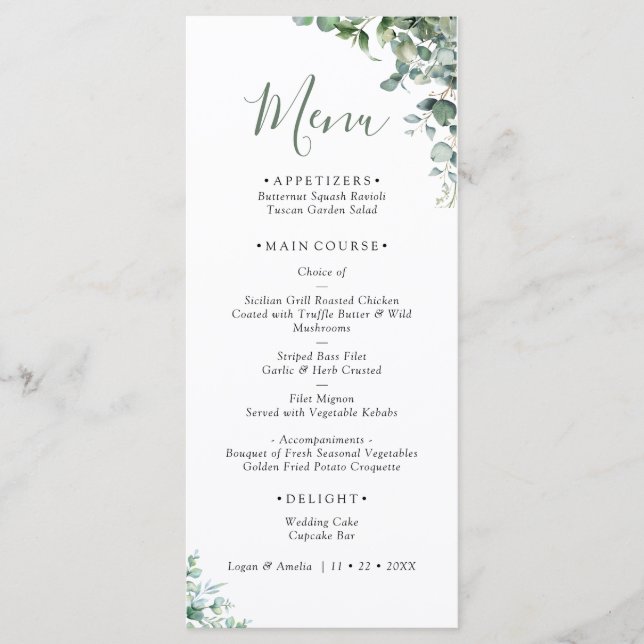 Elegant Eucalyptus Greenery Wedding Menu Meny (Framsida)