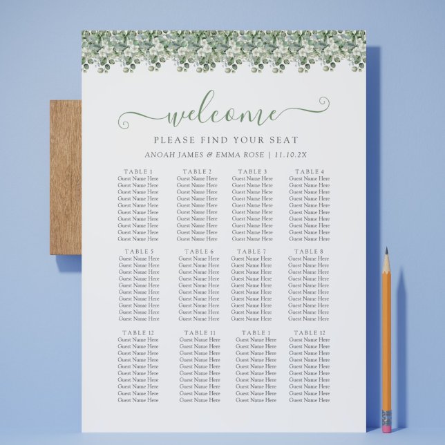 Elegant Eucalyptus Greenery Wedding Seating Chart Poster (Elegant Eucalyptus Greenery Wedding Seating Chart)