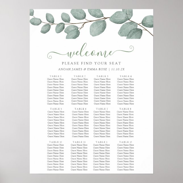 Elegant Eucalyptus Greenery Wedding Seating Chart Poster (Framsidan)