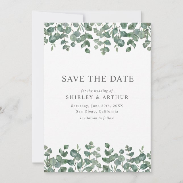 Elegant  Eucalyptus Greenery Wedding Spara Datumet (Framsida)