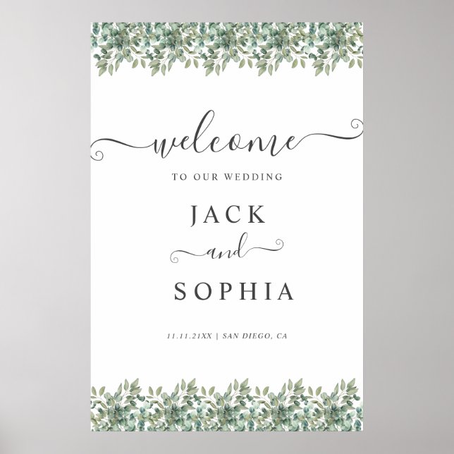 Elegant Eucalyptus Greenery Wedding Welcome Sign Poster (Framsidan)