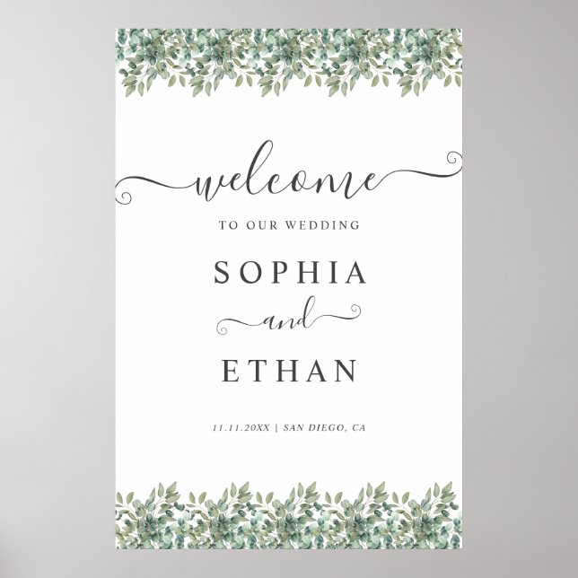 Elegant  Eucalyptus Greenery Wedding Welcome sign Poster (Framsidan)