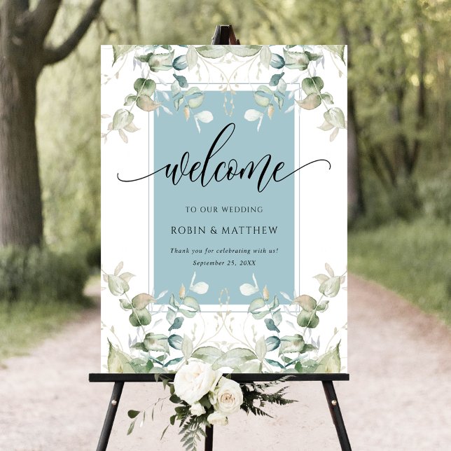 Elegant Eucalyptus Greenery Welcome Mist Blue Sign Poster (Skapare uppladdad)