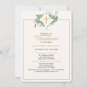 Elegant Eucalyptus Grey Guld baptism Inbjudningar