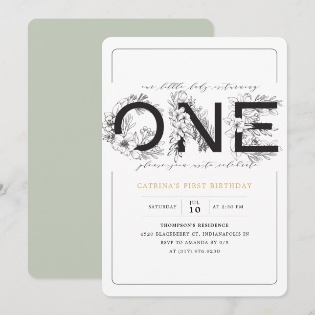 Elegant Eucalyptus Grönt Blommigt Flicka 1:a födel Inbjudningar (Fram/baksida)