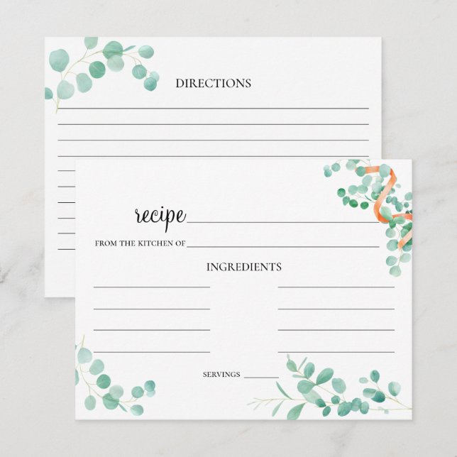 Elegant Eucalyptus Grönt Peach Bröllop Recept Card Anteckningskort (Fram/baksida)
