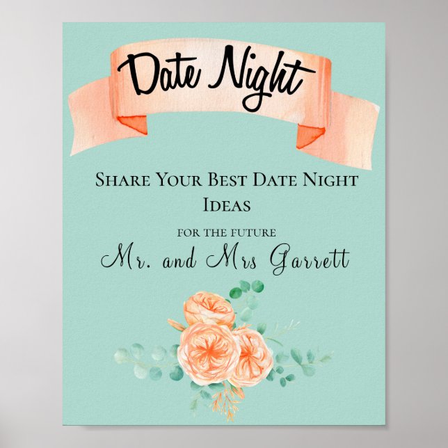 Elegant Eucalyptus Grönt Peach Date Night Sign Poster (Framsidan)