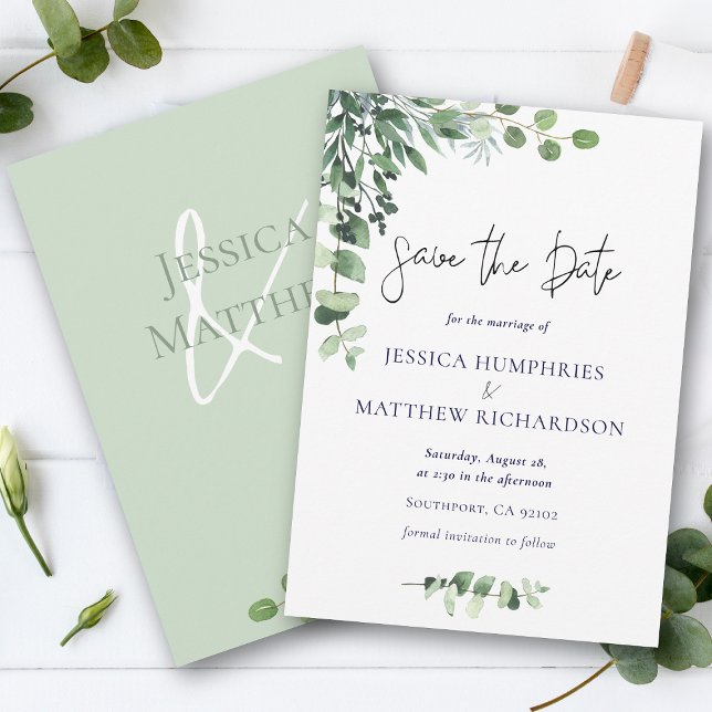 Elegant Eucalyptus Grönt Vit Bröllop Flat Spara Datumet (Elegant Eucalyptus Green White Wedding Flat Save The Date)