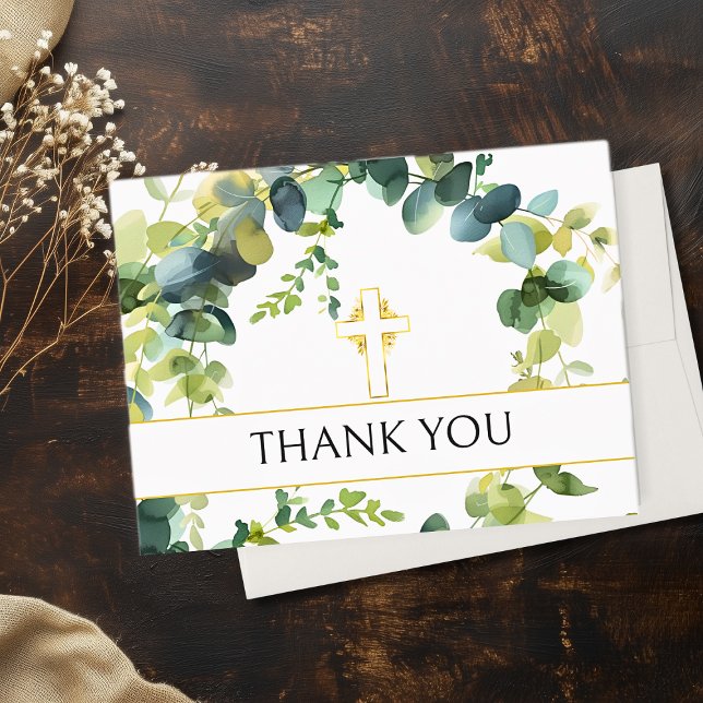 Elegant Eucalyptus Guld Kor Memorial Tack Kort (Elegant Eucalyptus Gold Cross Memorial Thank You Cards)
