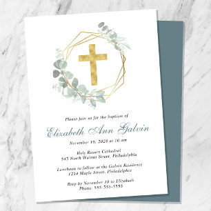 Elegant Eucalyptus Guld Kor-skript Baptism Inbjudningar