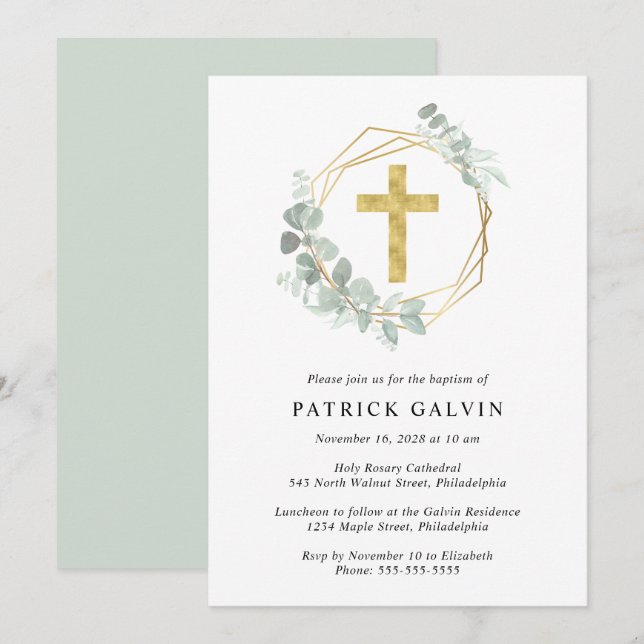 Elegant Eucalyptus Guld Kor Watercolor Baptism Inbjudningar (Fram/baksida)