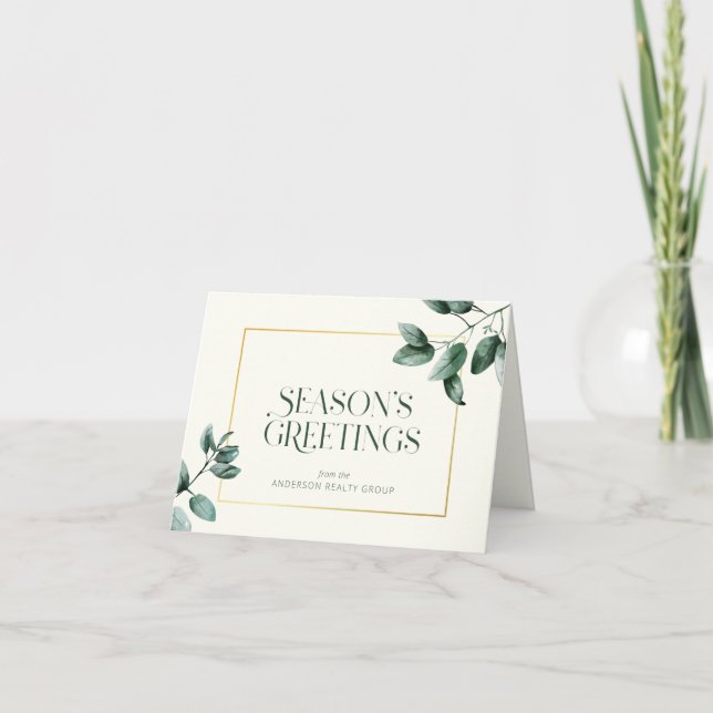 Elegant Eucalyptus Guld Ram Business Logotyp Helgkort (Framsida)