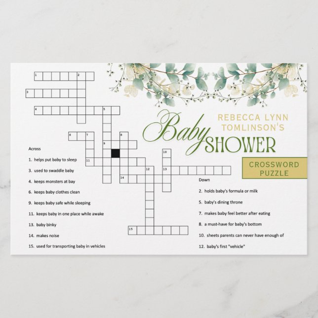 Elegant Eucalyptus Kön Neutral Baby Shower Game Brevpapper (Framsida)