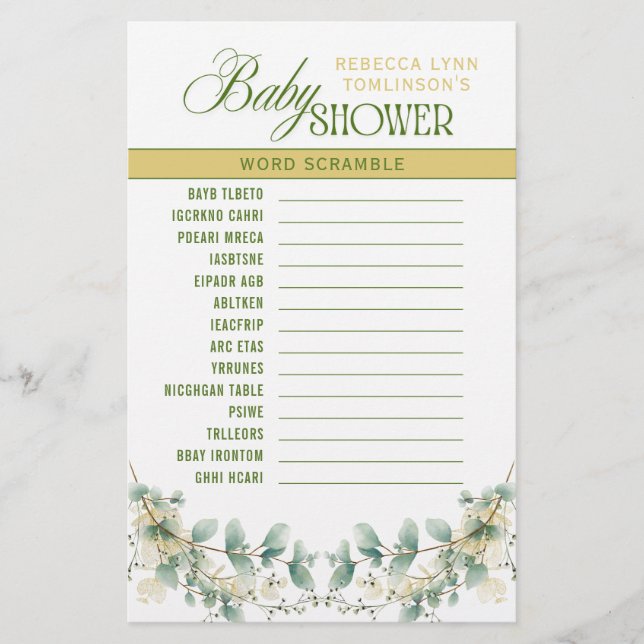 Elegant Eucalyptus Kön Neutral Baby Shower Game Brevpapper (Framsida)
