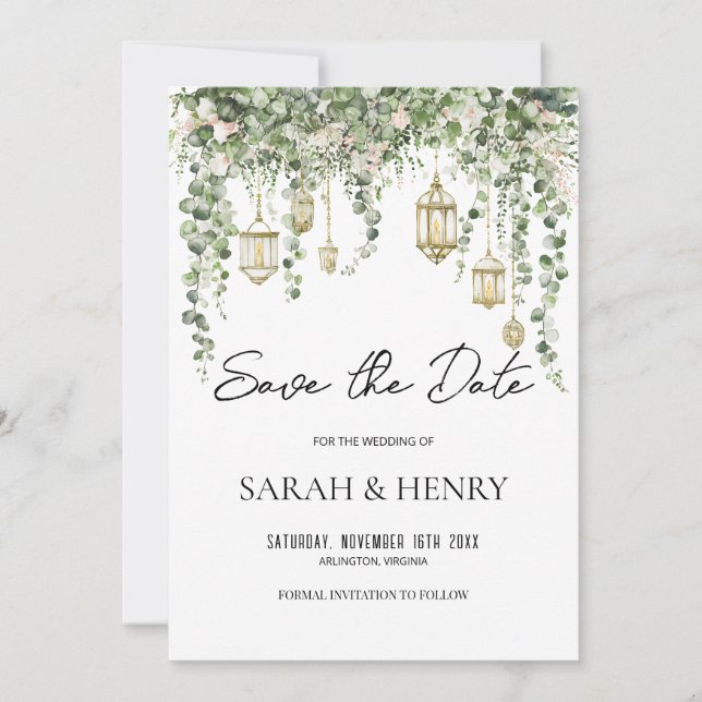 Elegant Eucalyptus Lantern Save the Date   Inbjudningar (Framsida)