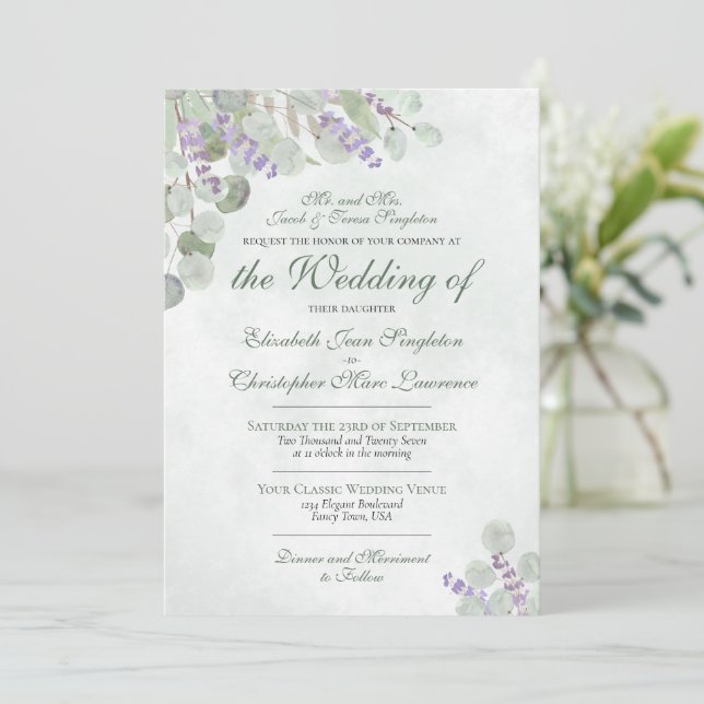 Elegant Eucalyptus & Lavender Forme Bröllop Inbjudningar (Stående Fram)