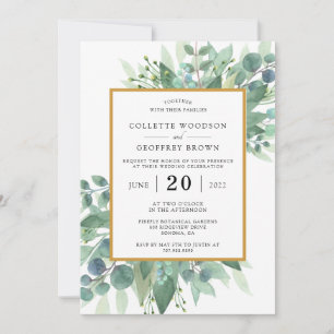 Elegant Eucalyptus Löv Bröllop Guld Gräns Inbjudningar