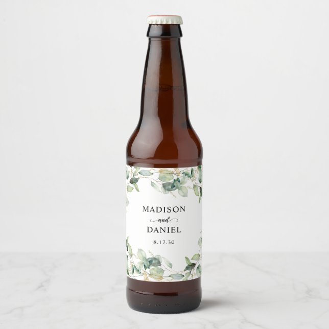Elegant Eucalyptus Löv Bröllop Ölflaska Etikett (Framsida)